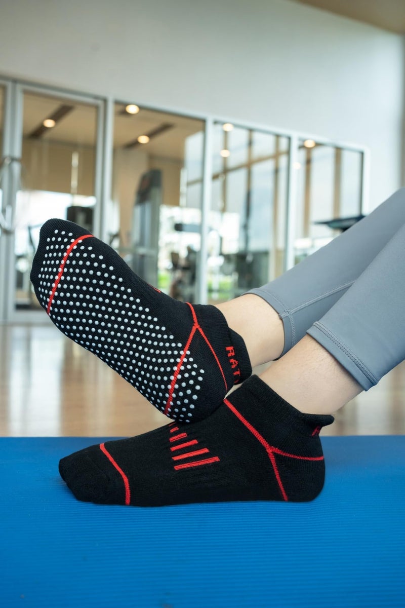 RATIVE Anti Slip Non Skid Barre Yoga Pilates Hospital Ankle Socks with grips for Adults Men Women (Medium, 3-pairs Line(red+white+blue)) - Image 4